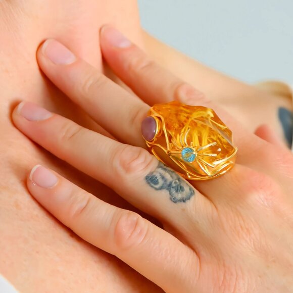 Baltic Amber 14k Gold Plated Spider Cocktail Ring - Picture 1 of 9